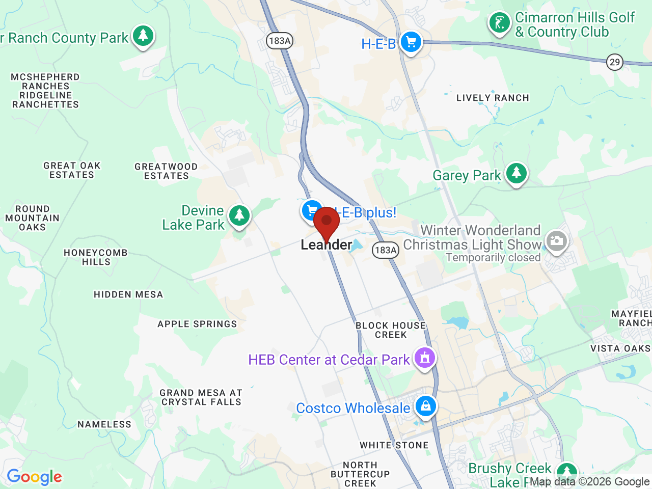Map of Leander, TX