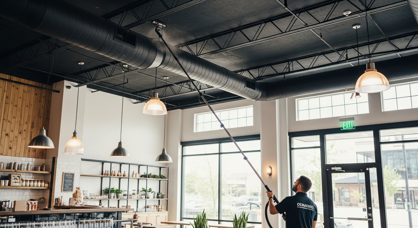 A technician using a high-reach vacuum pole to clean exposed ceiling ductwork in a modern commercial space