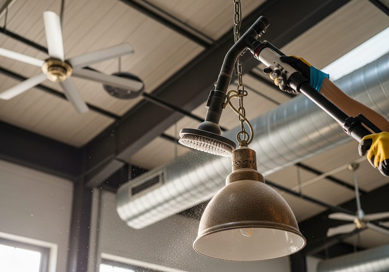 A high-reach vacuum system removing dust from a hanging light fixture near an exposed industrial ceiling