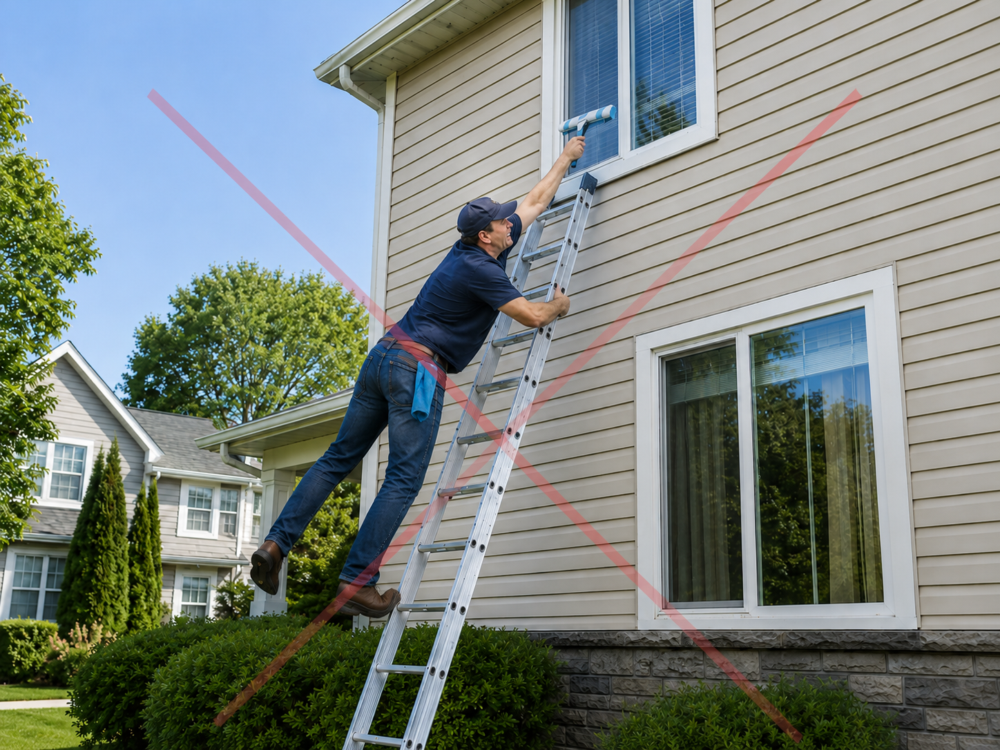 A person climbing a tall ladder to clean an upstairs window, marked with a red X to show the unsafe traditional approach