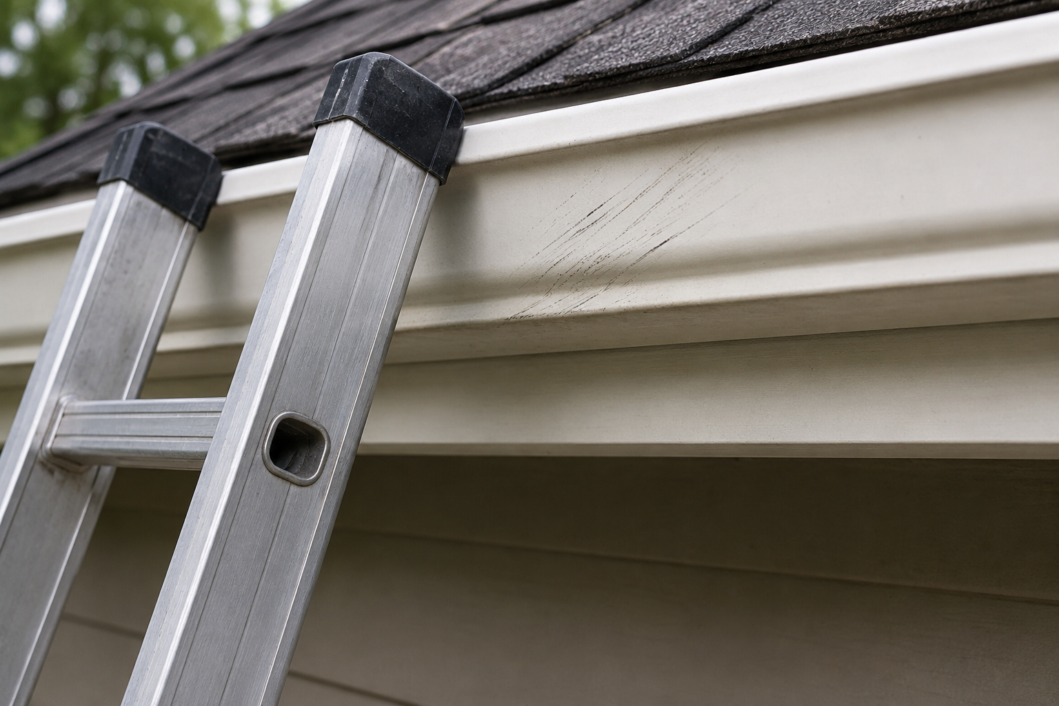Scuff marks left on a home's fascia and siding where a ladder rested against the gutter