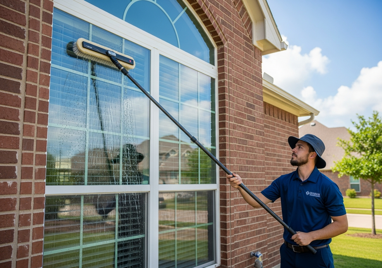 Technician cleaning exterior window glass from the ground with a water-fed pole